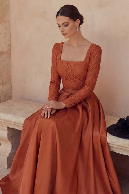 Terracotta A Line Square Neck Long Mother of the Bride Dress with Pockets