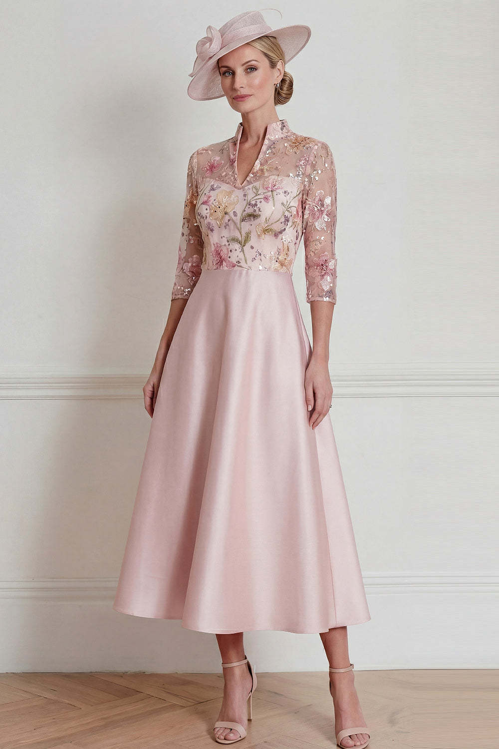 Leely Women Pink A Line Midi Mother of the Bride Dress with Sequins High Neck 3/4 Sleeves Wedding Guest Dress