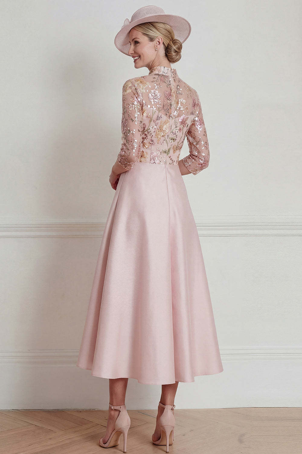 Pink A Line Midi 3/4 Sleeves Mother of the Bride Dress with Sequins
