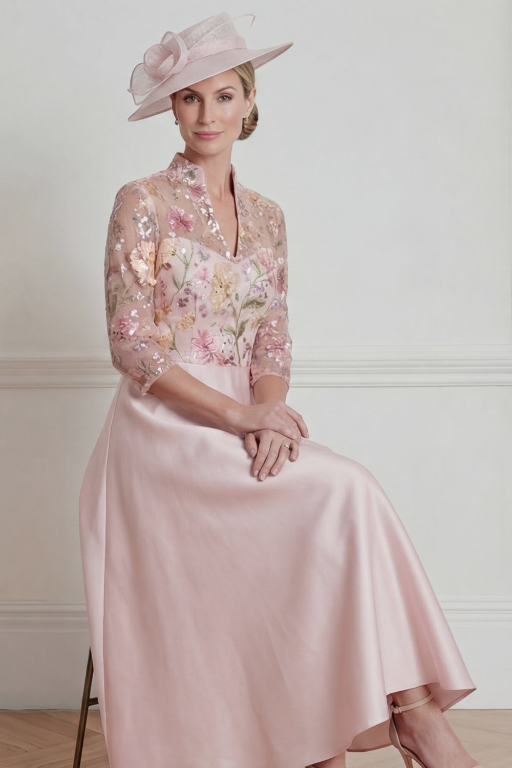 Pink A Line Midi 3/4 Sleeves Mother of the Bride Dress with Sequins