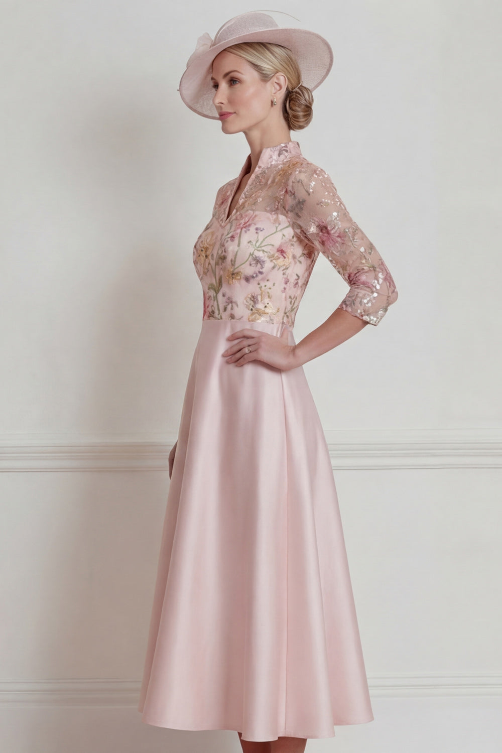 Pink A Line Midi 3/4 Sleeves Mother of the Bride Dress with Sequins