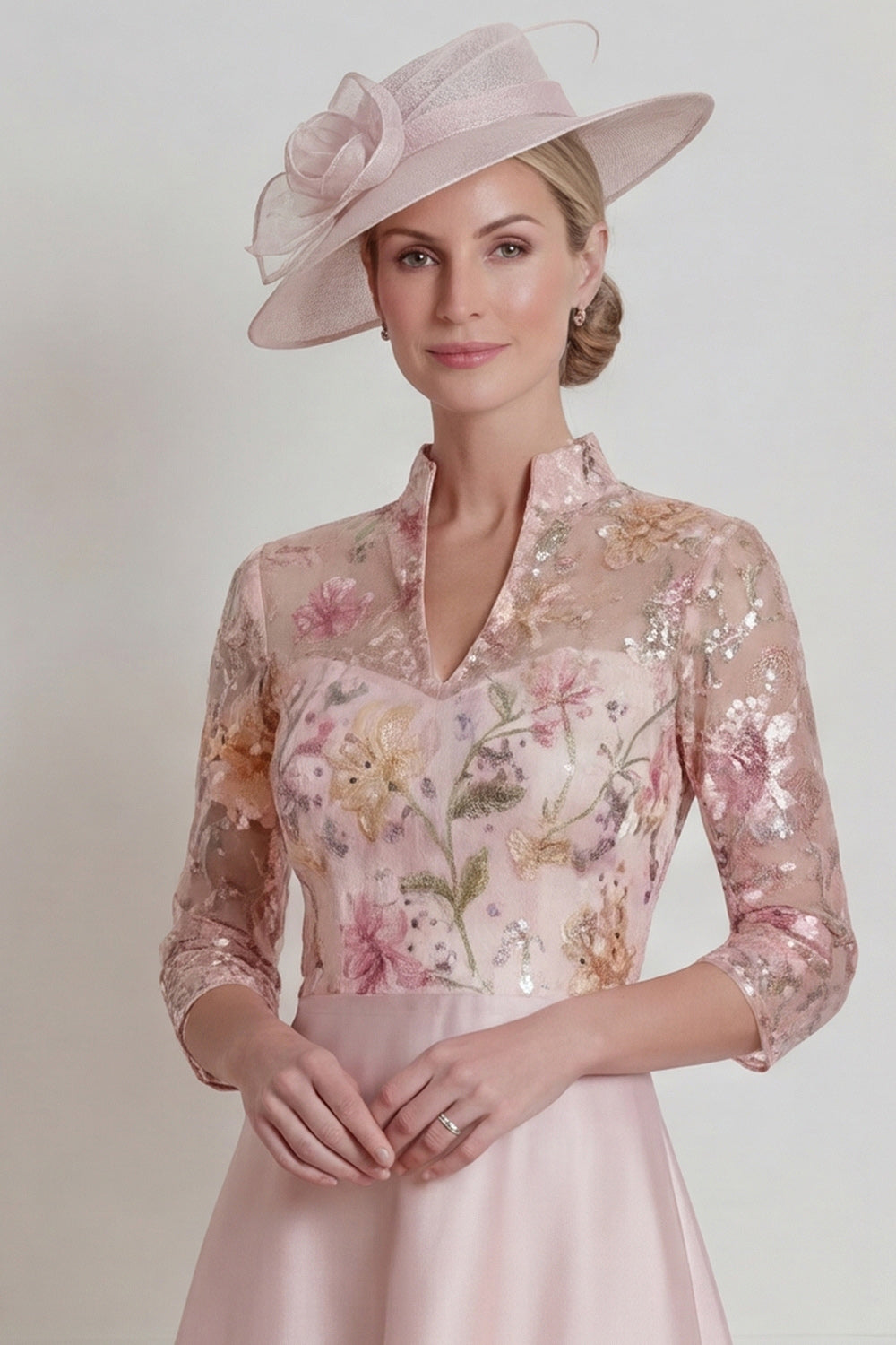 Pink A Line Midi 3/4 Sleeves Mother of the Bride Dress with Sequins