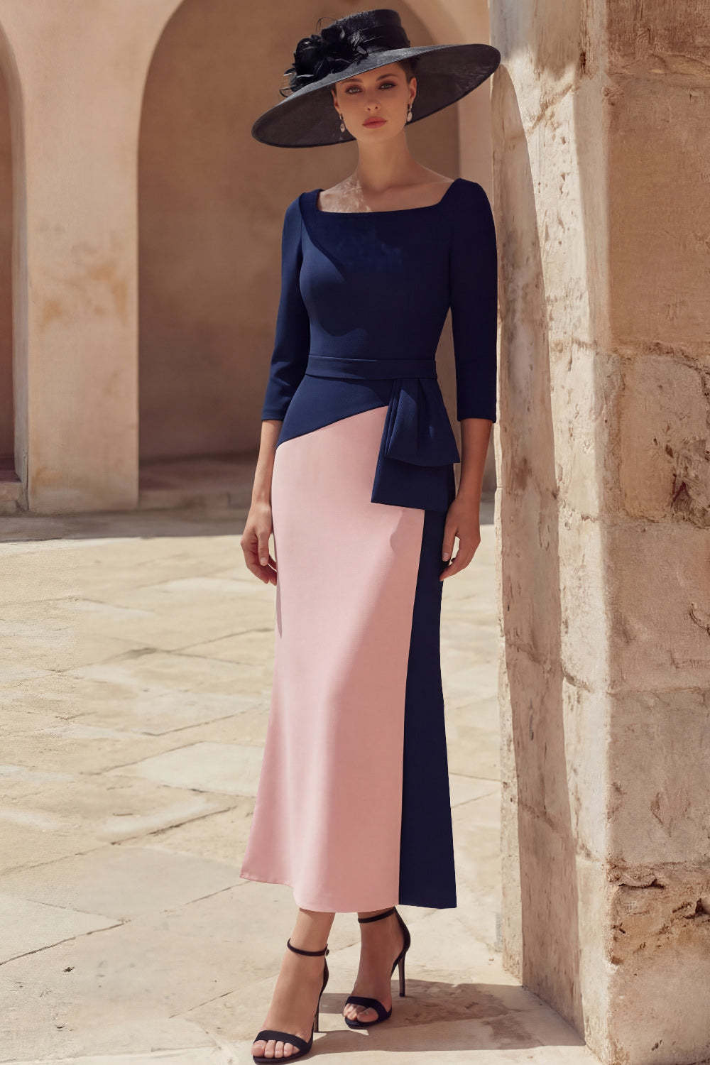 Leely Women Navy and Pink Square Neck Long Mother of the Bride Dress Long Sleeves Mermaid Formal Dress