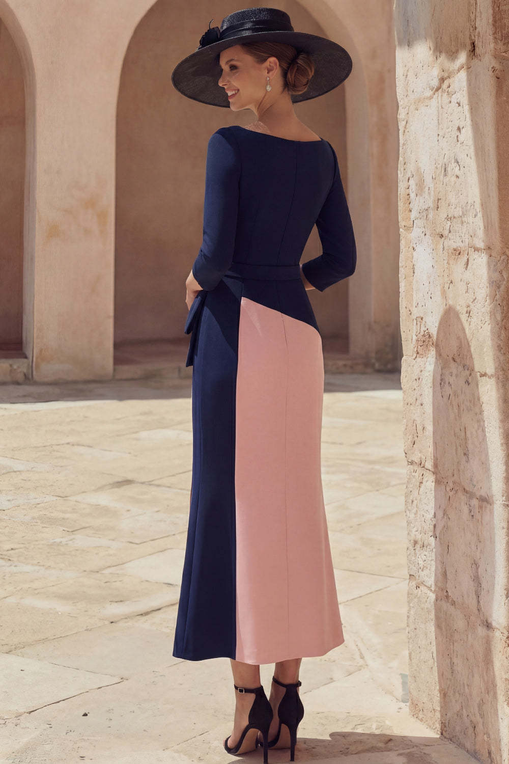 Navy and Pink Mermaid Square Neck Long Mother of the Bride Dress