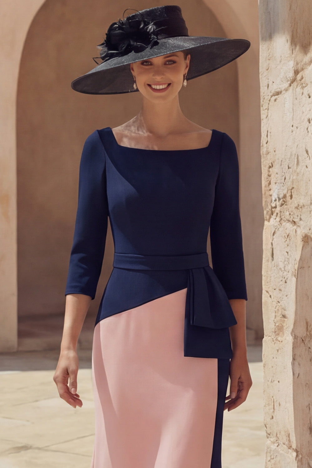 Navy and Pink Mermaid Square Neck Long Mother of the Bride Dress