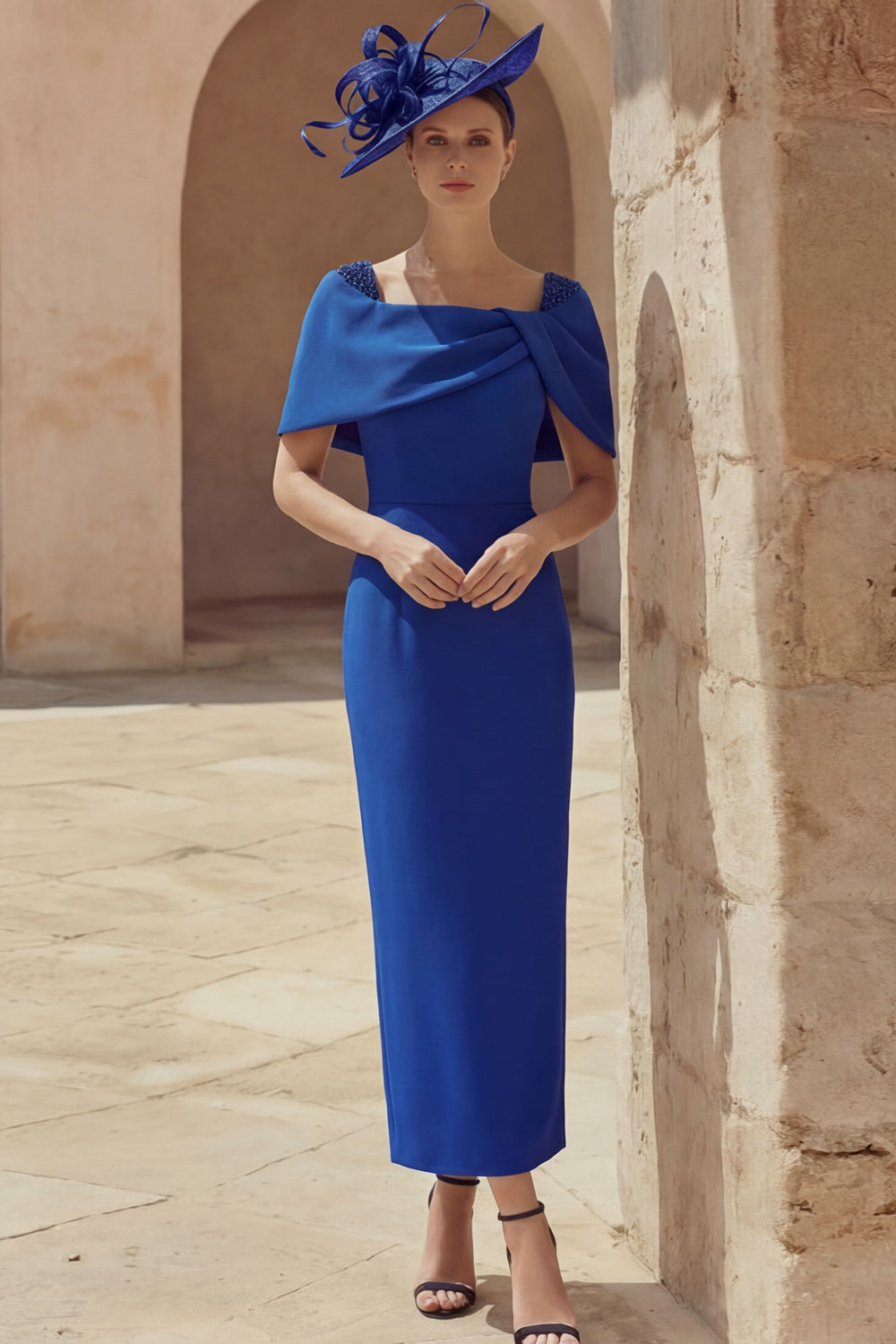 Blue Sheath Off the Shoulder Long Mother of the Bride Dress