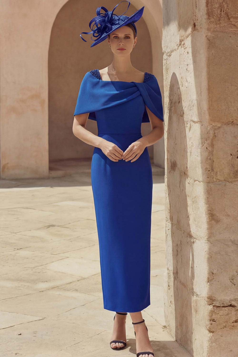 Leely Women Blue Sheath Long Mother of the Bride Dress Off the Shoulder Long Sleeves Formal Dress