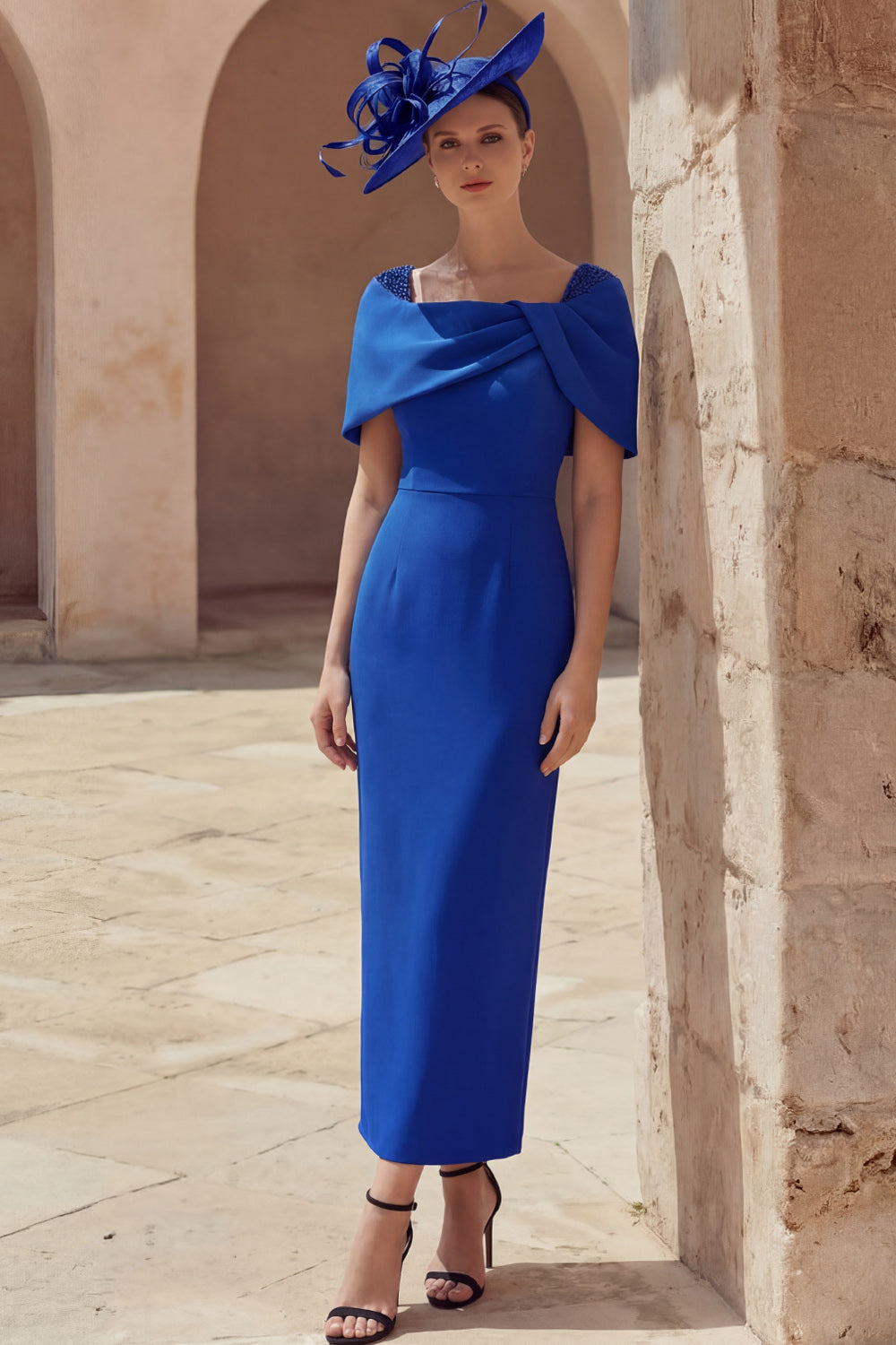 Blue Sheath Off the Shoulder Long Mother of the Bride Dress