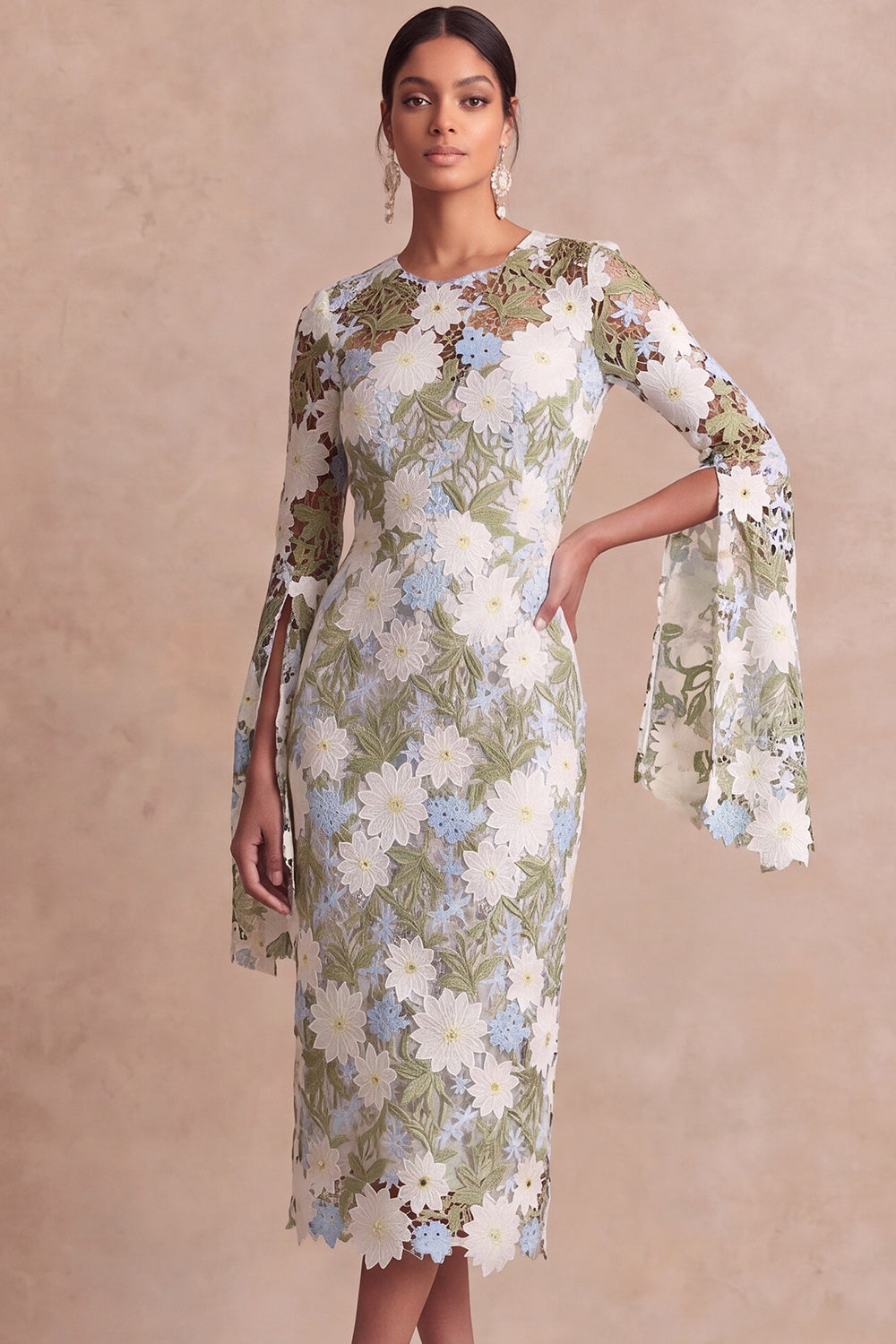 Green Floral Sheath Midi Mother of the Bride Dress