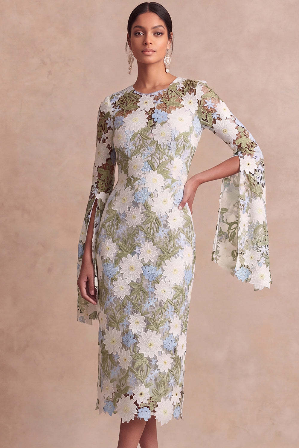 Green Floral Sheath Midi Mother of the Bride Dress