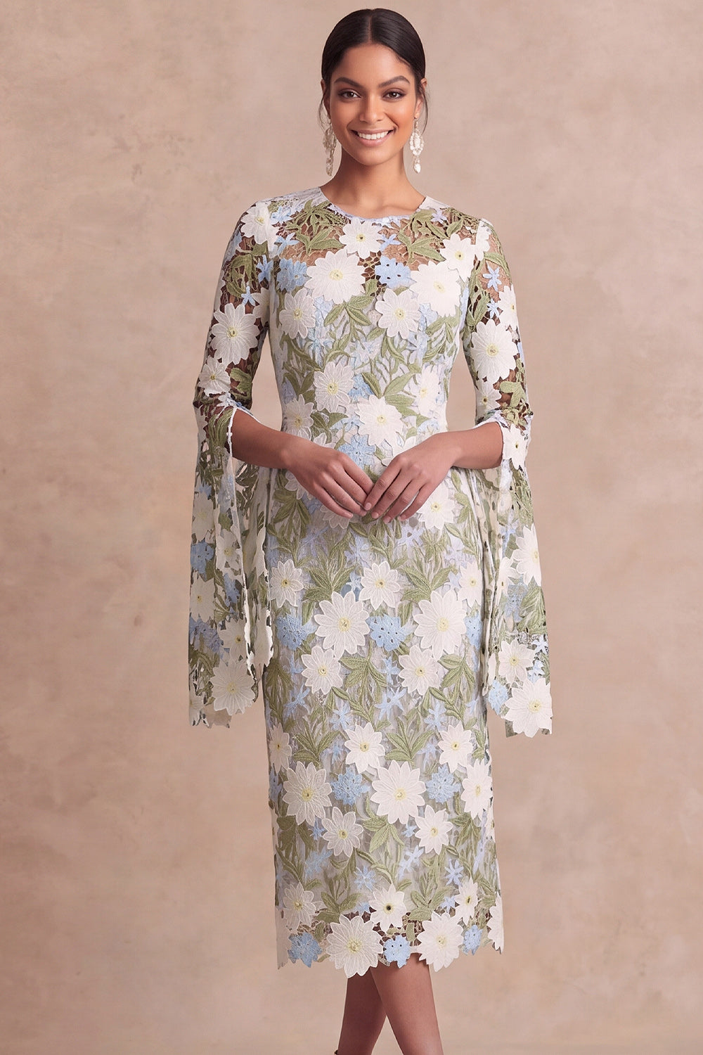 Green Floral Sheath Midi Mother of the Bride Dress