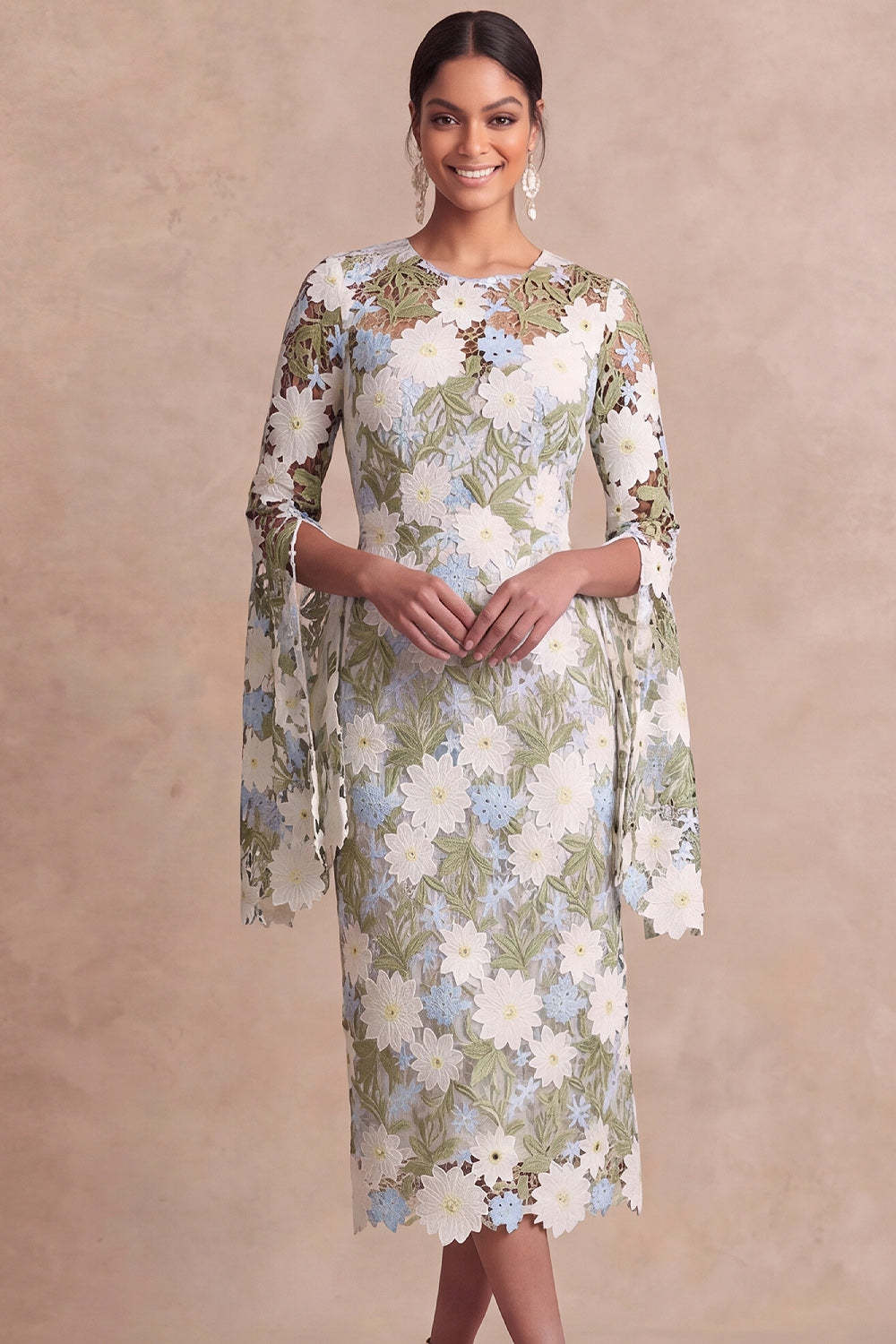 Green Floral Sheath Midi Mother of the Bride Dress