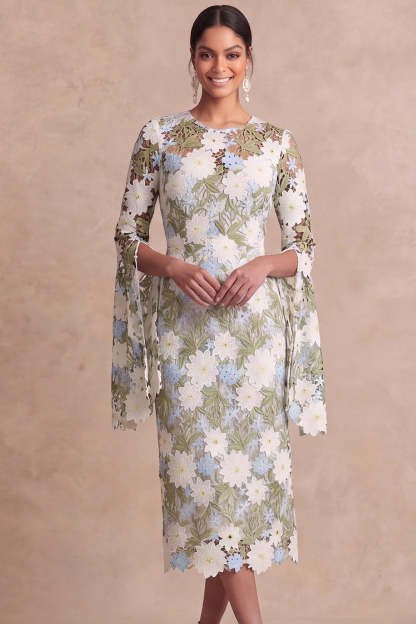 Green Floral Sheath Midi Mother of the Bride Dress