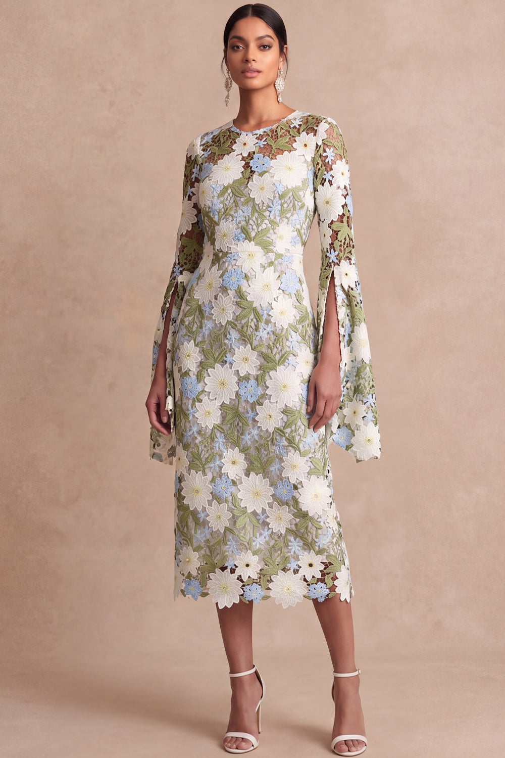 Green Floral Sheath Midi Mother of the Bride Dress