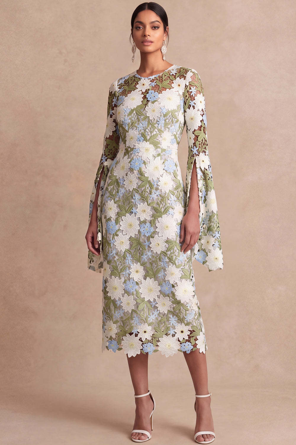 Leely Women Green Floral Sheath Midi Mother of the Bride Dress Round Neck Appliqued Formal Dress