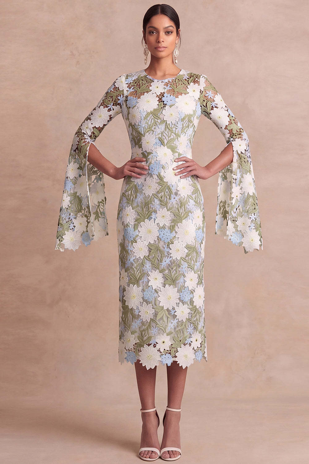 Green Floral Sheath Midi Mother of the Bride Dress
