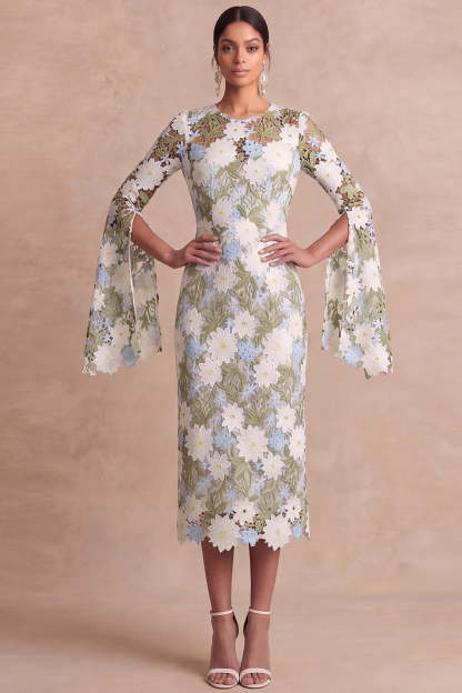Green Floral Sheath Midi Mother of the Bride Dress
