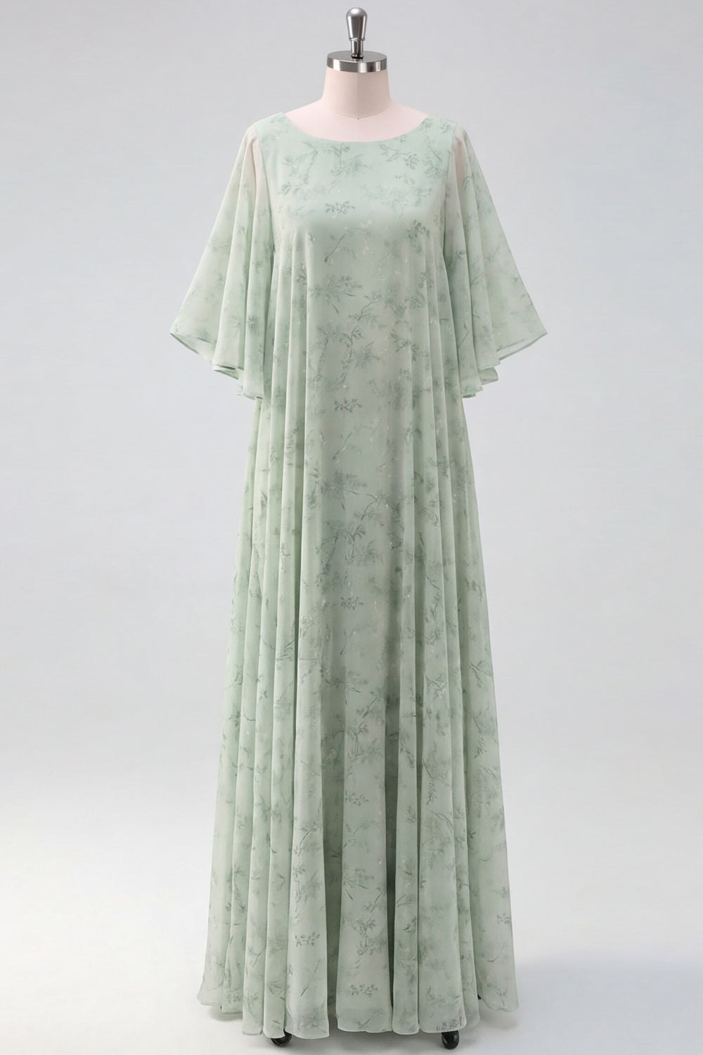 Light Green Floral A Line Long Mother of the Brides Dress with Sleeves