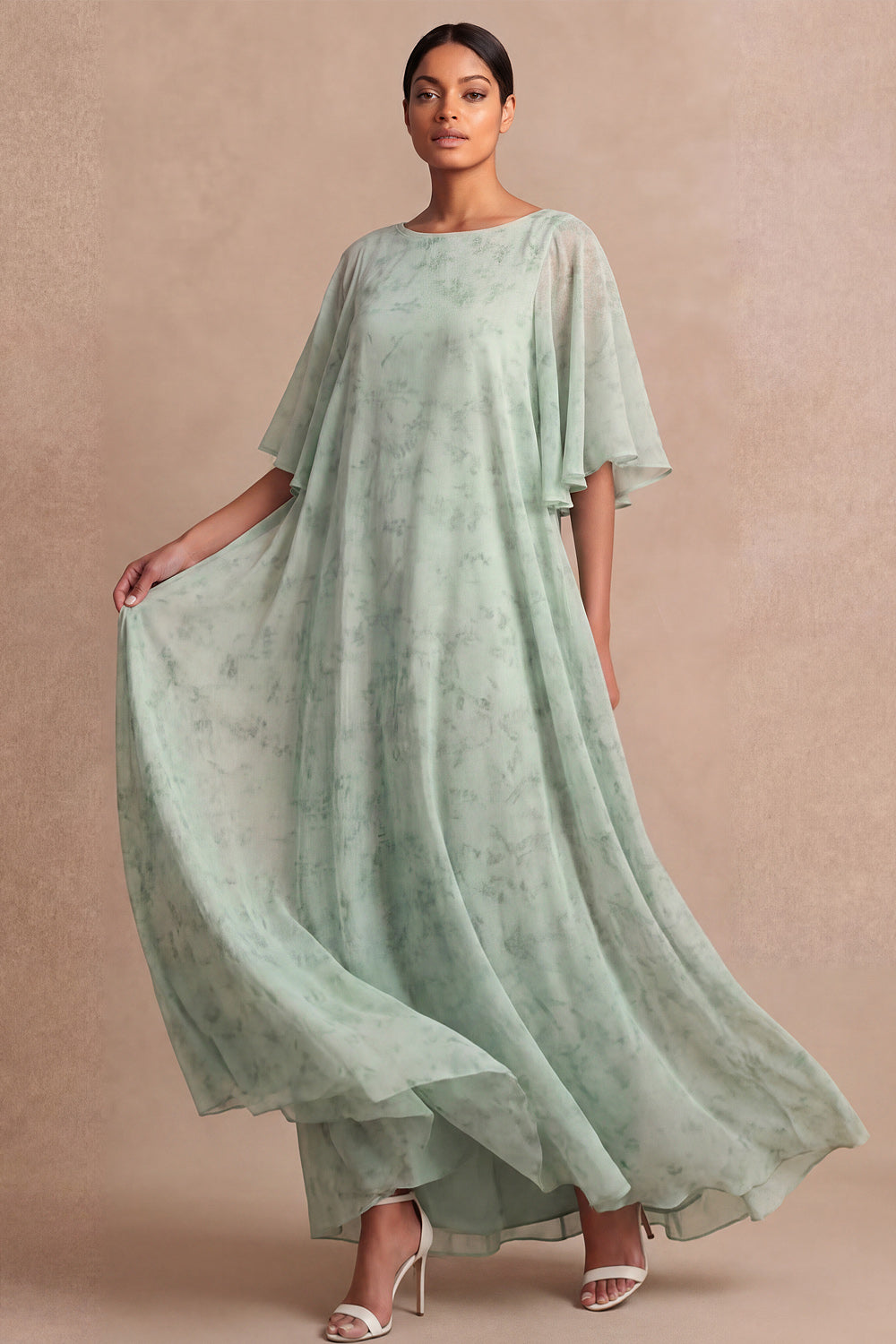 Leely Women Light Green Floral Long Mother of the Brides Dress with Sleeves Scoop Neck Chiffon A Line Wedding Guest Dress