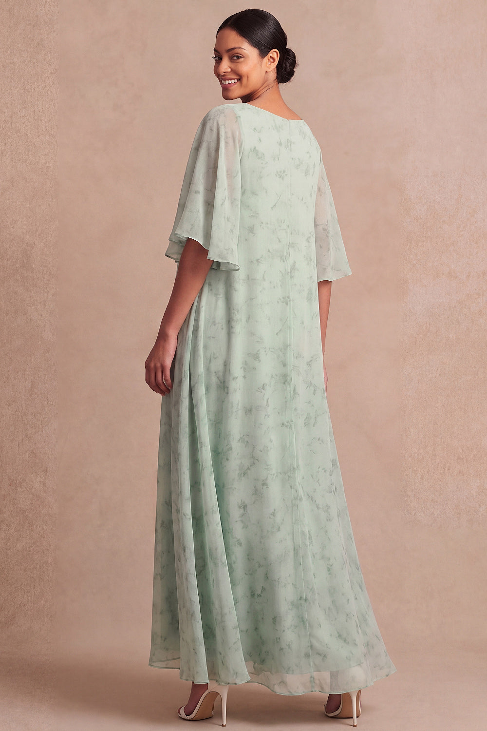 Light Green Floral A Line Long Mother of the Brides Dress with Sleeves