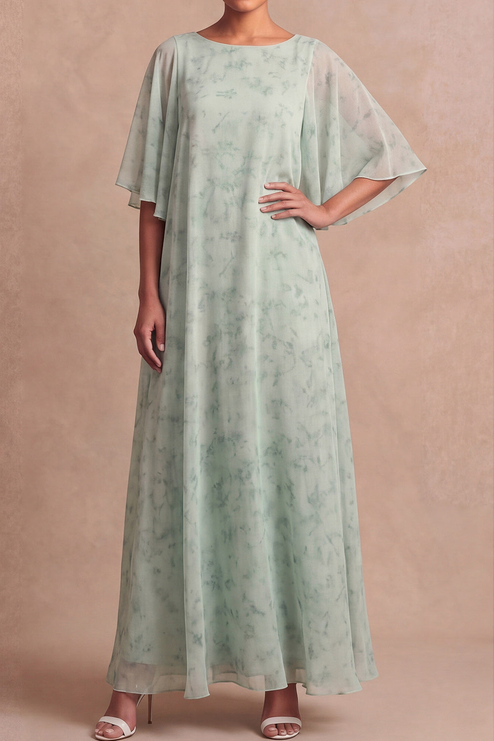 Light Green Floral A Line Long Mother of the Brides Dress with Sleeves