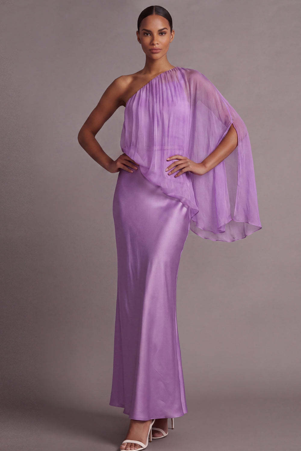 Leely Women Amethyst One Shoulder Backless Mother of the Brides Dress with Cape Sleeveless Mermaid Wedding Guest Dress