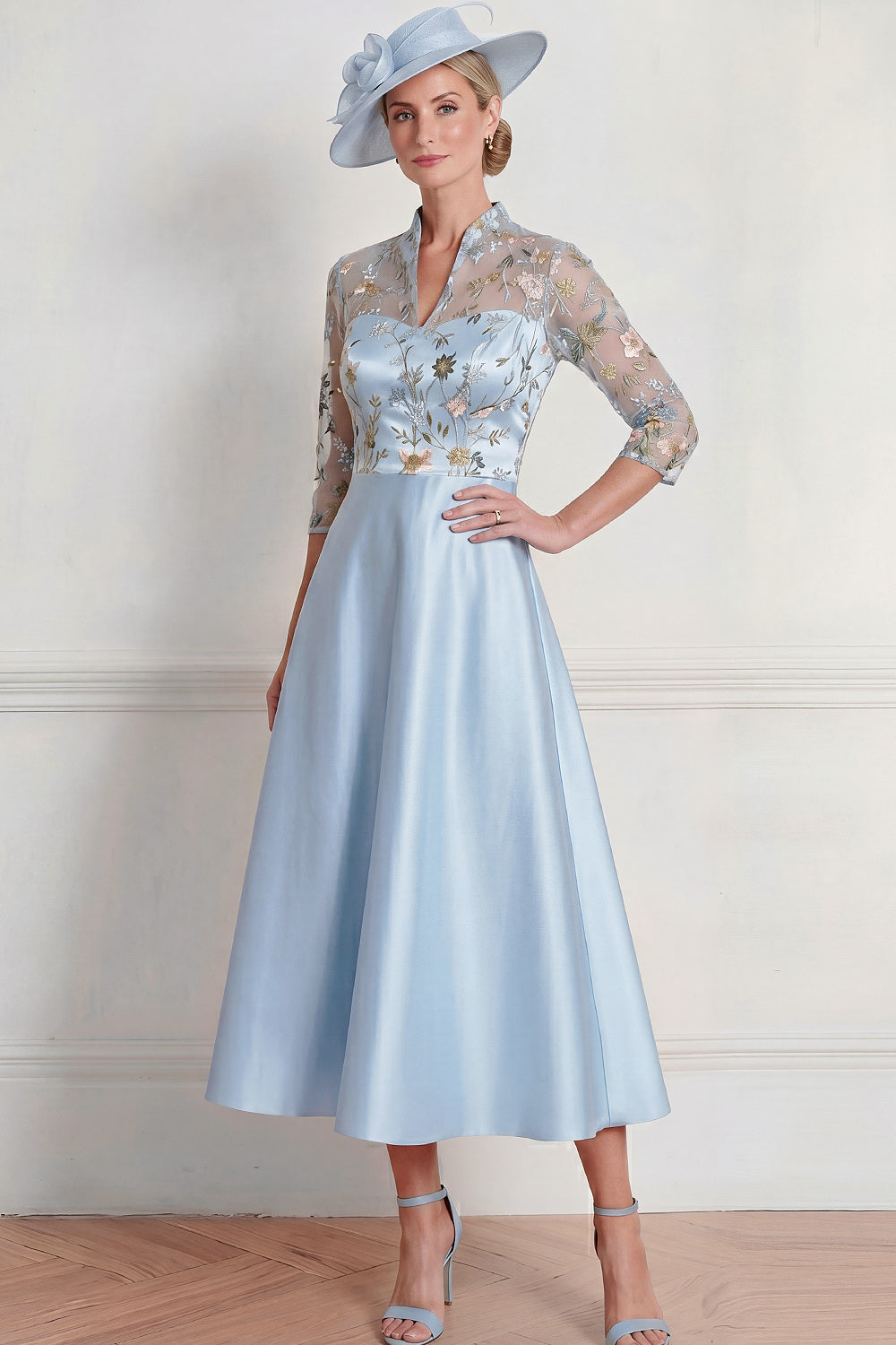 Leely Women Light Blue Floral A Line Midi Mother of the Bride Dress Half Sleeves V Neck Wedding Guest Dress