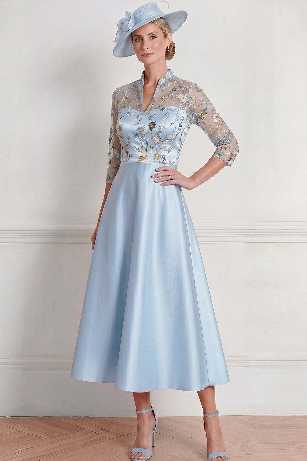 Leely Women Light Blue Floral A Line Midi Mother of the Bride Dress Half Sleeves V Neck Wedding Guest Dress