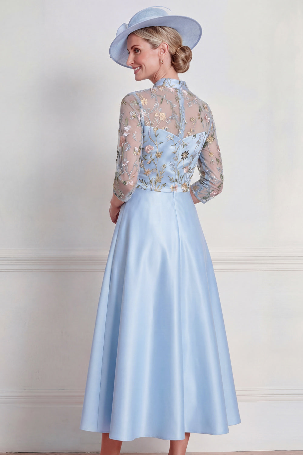 Light Blue Floral A Line Half Sleeves Midi Mother of the Bride Dress