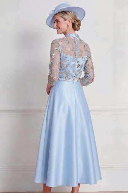 Light Blue Floral A Line Half Sleeves Midi Mother of the Bride Dress