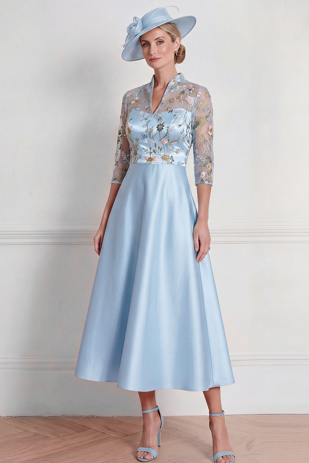 Light Blue Floral A Line Half Sleeves Midi Mother of the Bride Dress