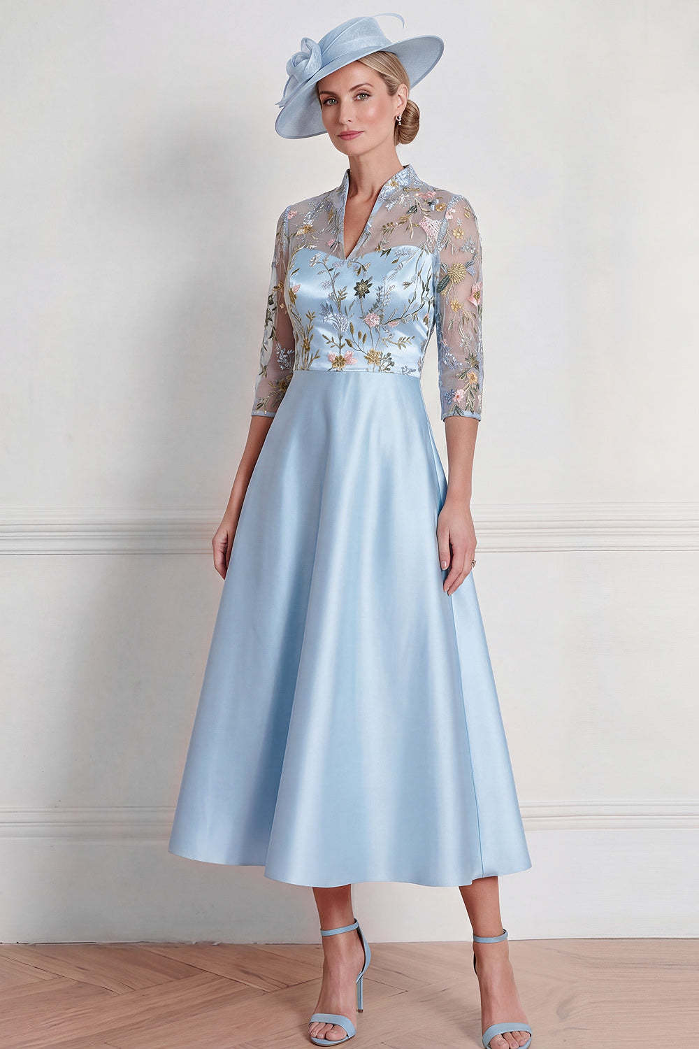 Light Blue Floral A Line Half Sleeves Midi Mother of the Bride Dress