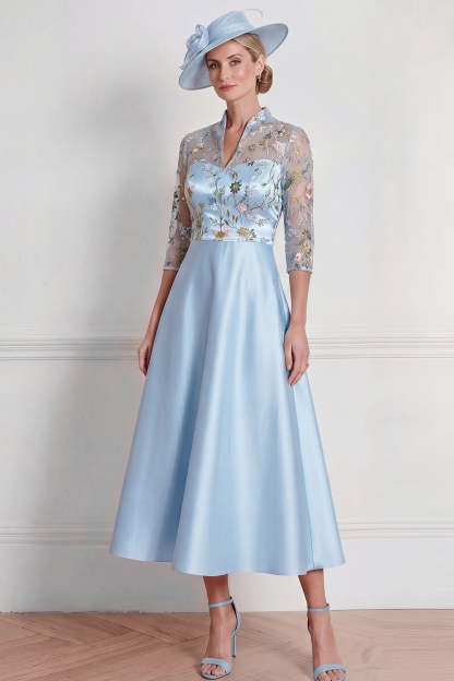 Light Blue Floral A Line Half Sleeves Midi Mother of the Bride Dress