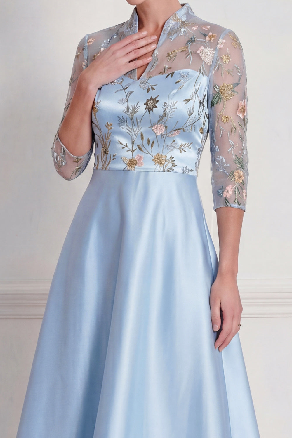 Light Blue Floral A Line Half Sleeves Midi Mother of the Bride Dress