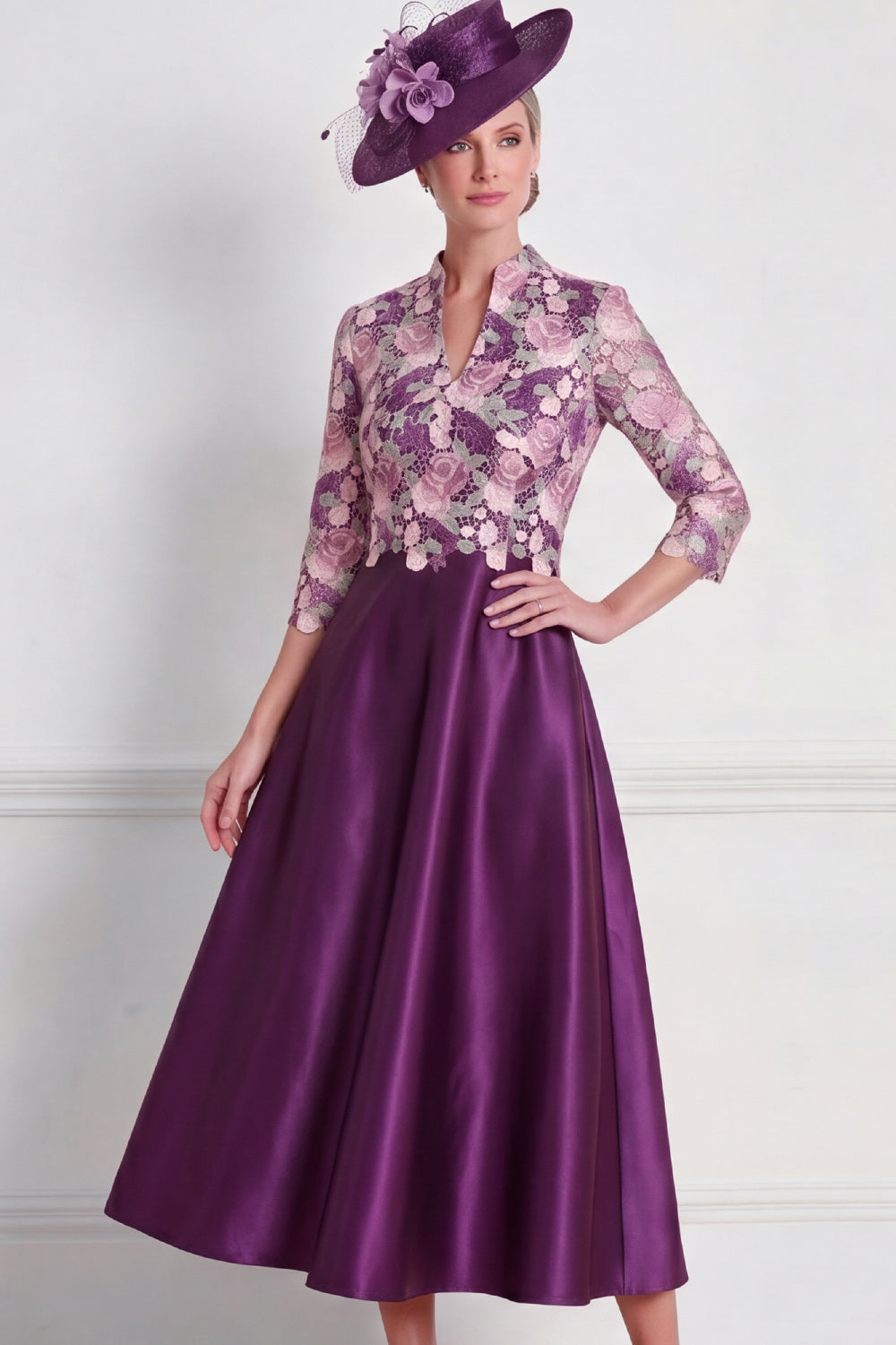 Dark Purple Floral A Line Appliqued Midi Mother of the Bride Dress