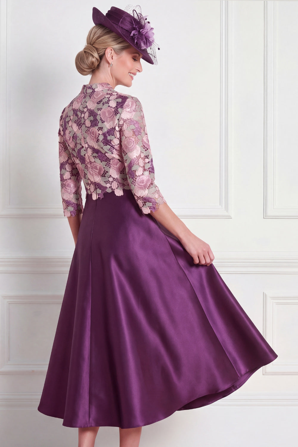Dark Purple Floral A Line Appliqued Midi Mother of the Bride Dress