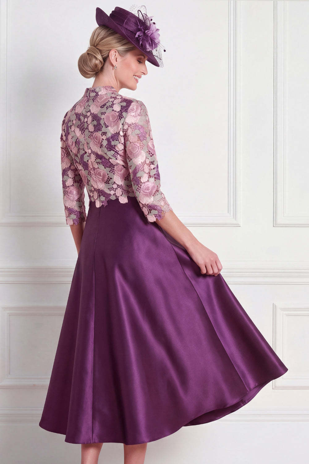 Dark Purple Floral A Line Appliqued Midi Mother of the Bride Dress