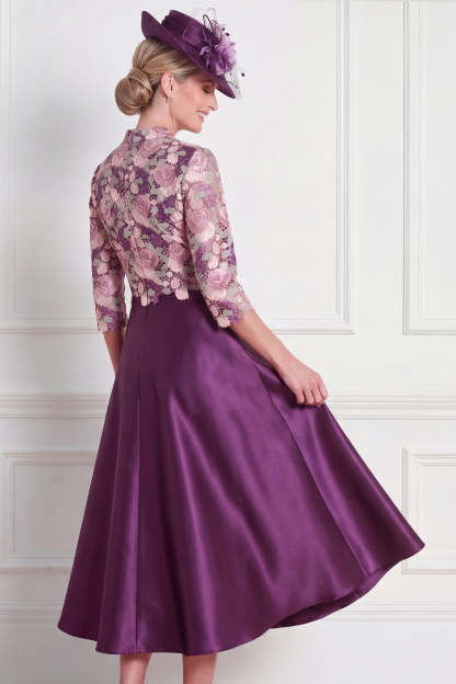 Dark Purple Floral A Line Appliqued Midi Mother of the Bride Dress