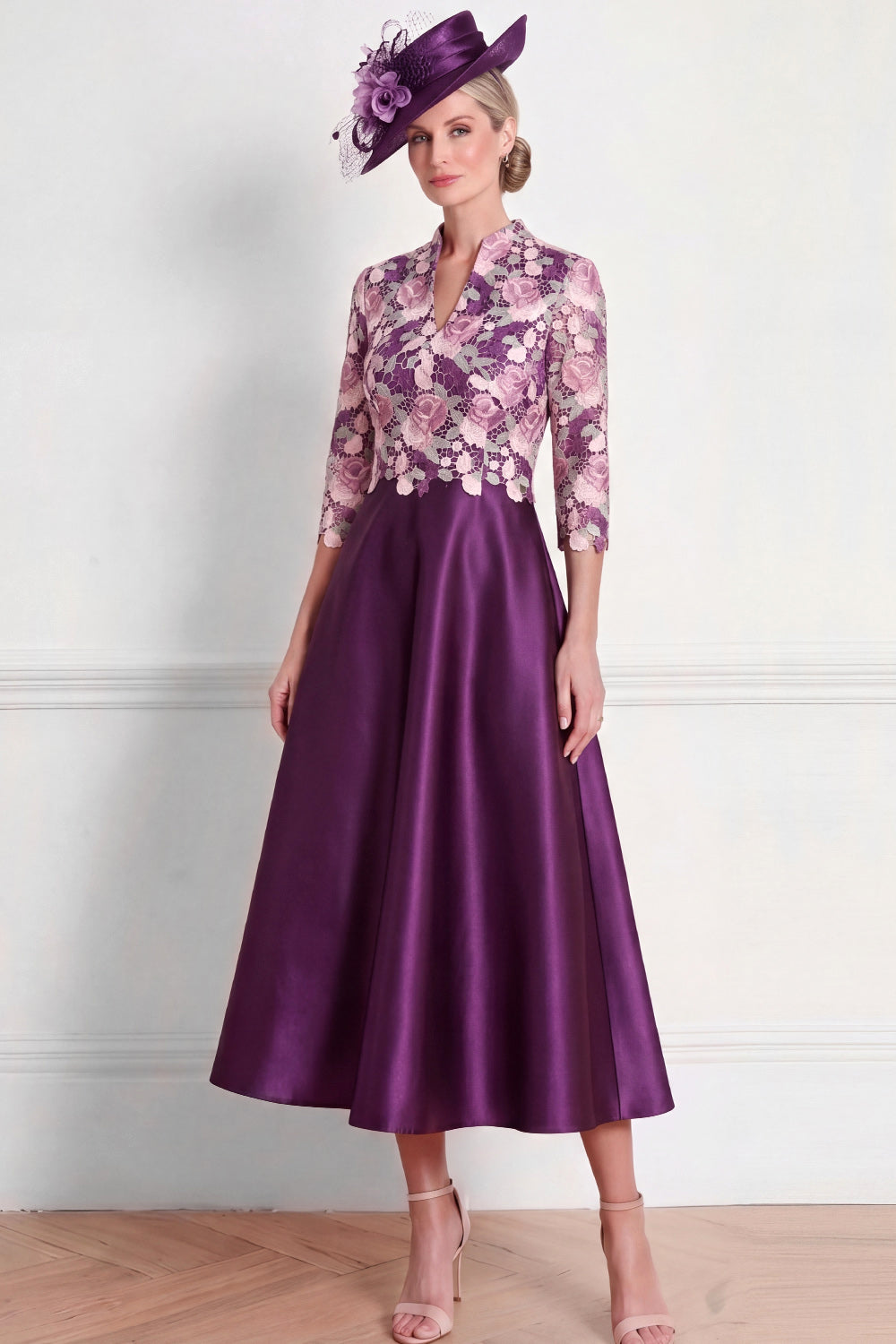 Dark Purple Floral A Line Appliqued Midi Mother of the Bride Dress