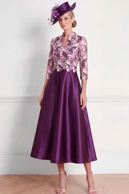 Dark Purple Floral A Line Appliqued Midi Mother of the Bride Dress