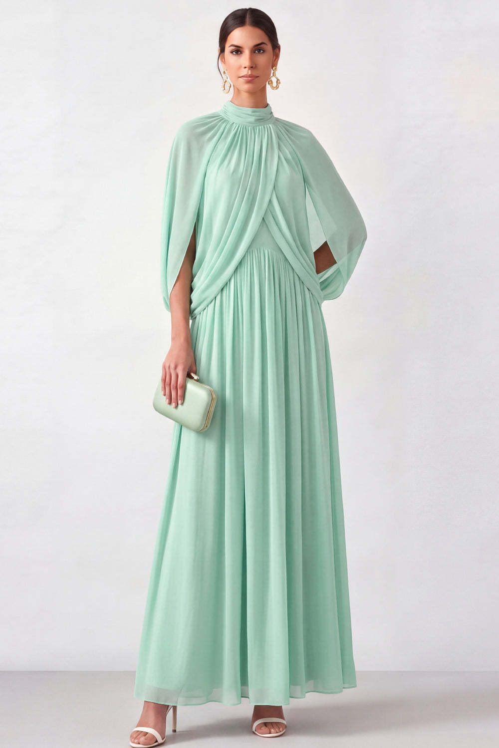 Leely Women Mini Green Pleated Long Mother of the Bride Dress Sleeveless High Neck Wedding Guest Dress with Cape
