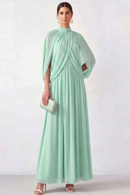 Leely Women Mini Green Pleated Long Mother of the Bride Dress Sleeveless High Neck Wedding Guest Dress with Cape