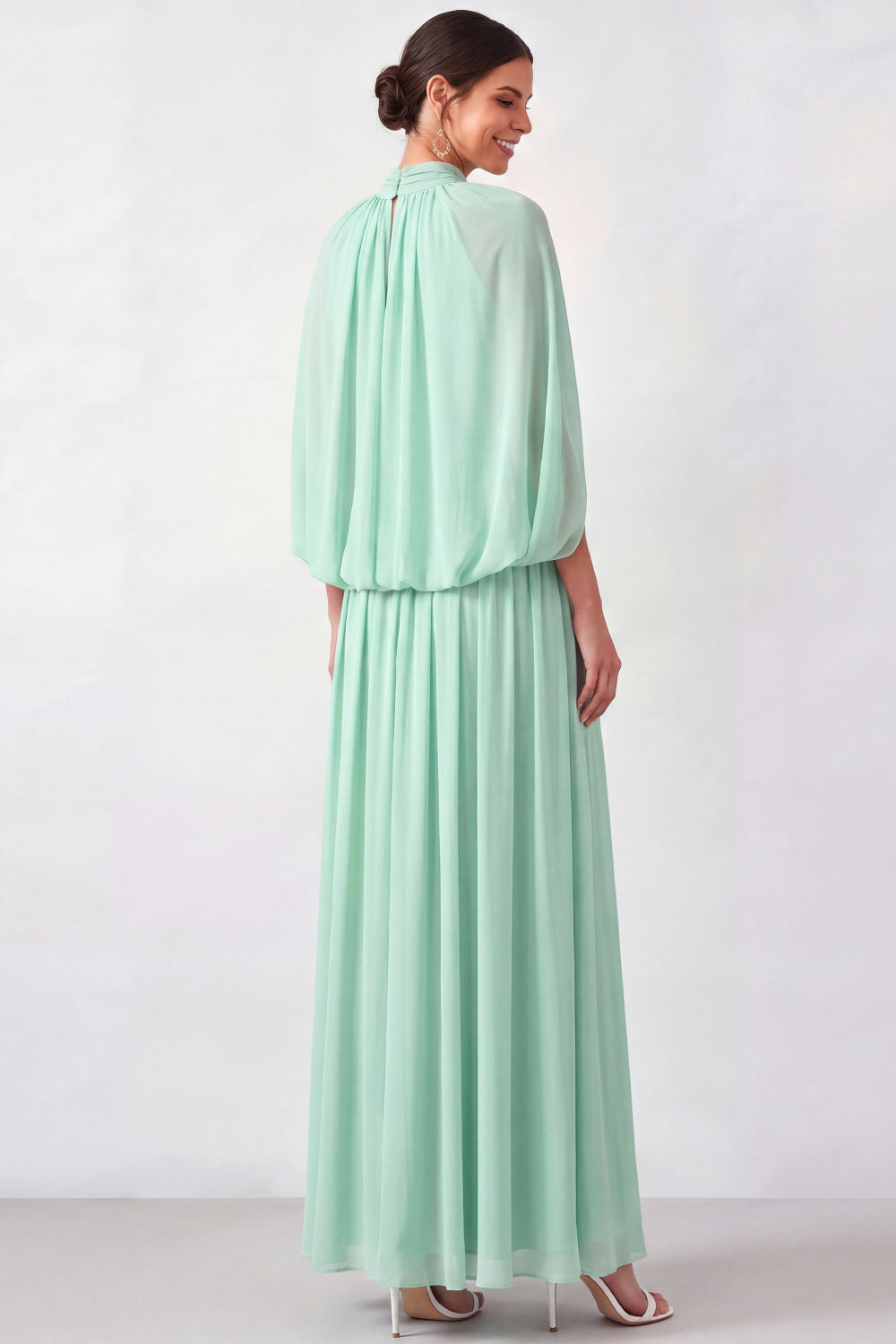 Mini Green High Neck Pleated Long Mother of the Bride Dress