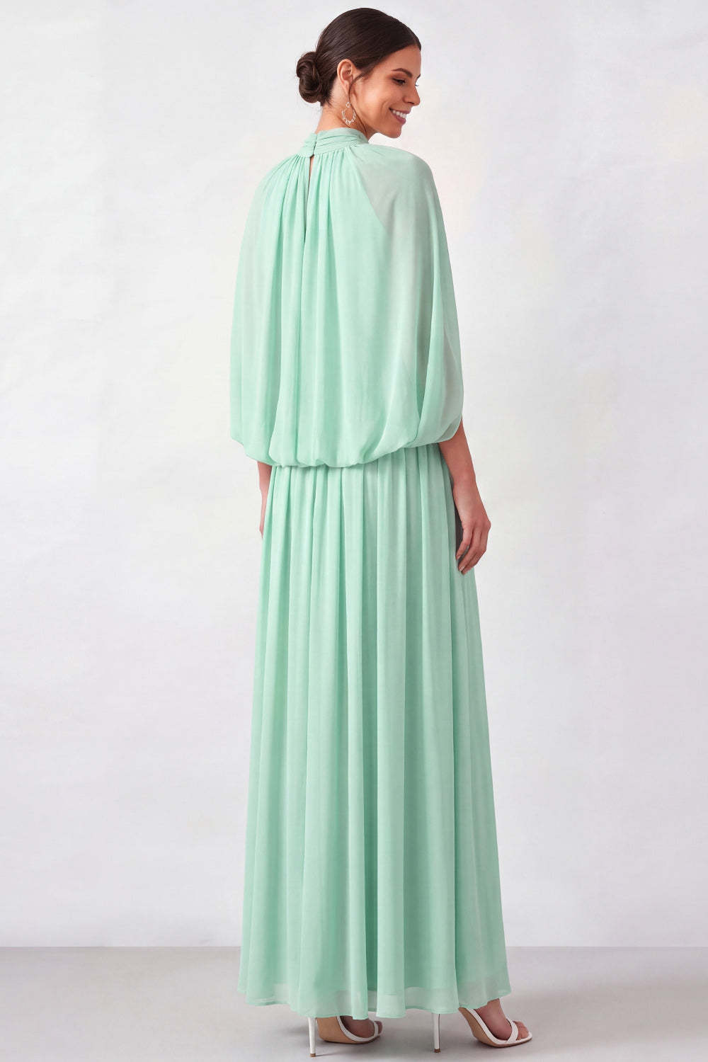 Mini Green High Neck Pleated Long Mother of the Bride Dress