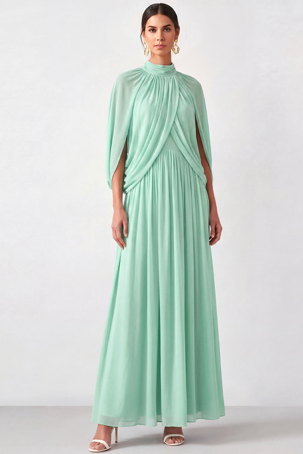 Mini Green High Neck Pleated Long Mother of the Bride Dress