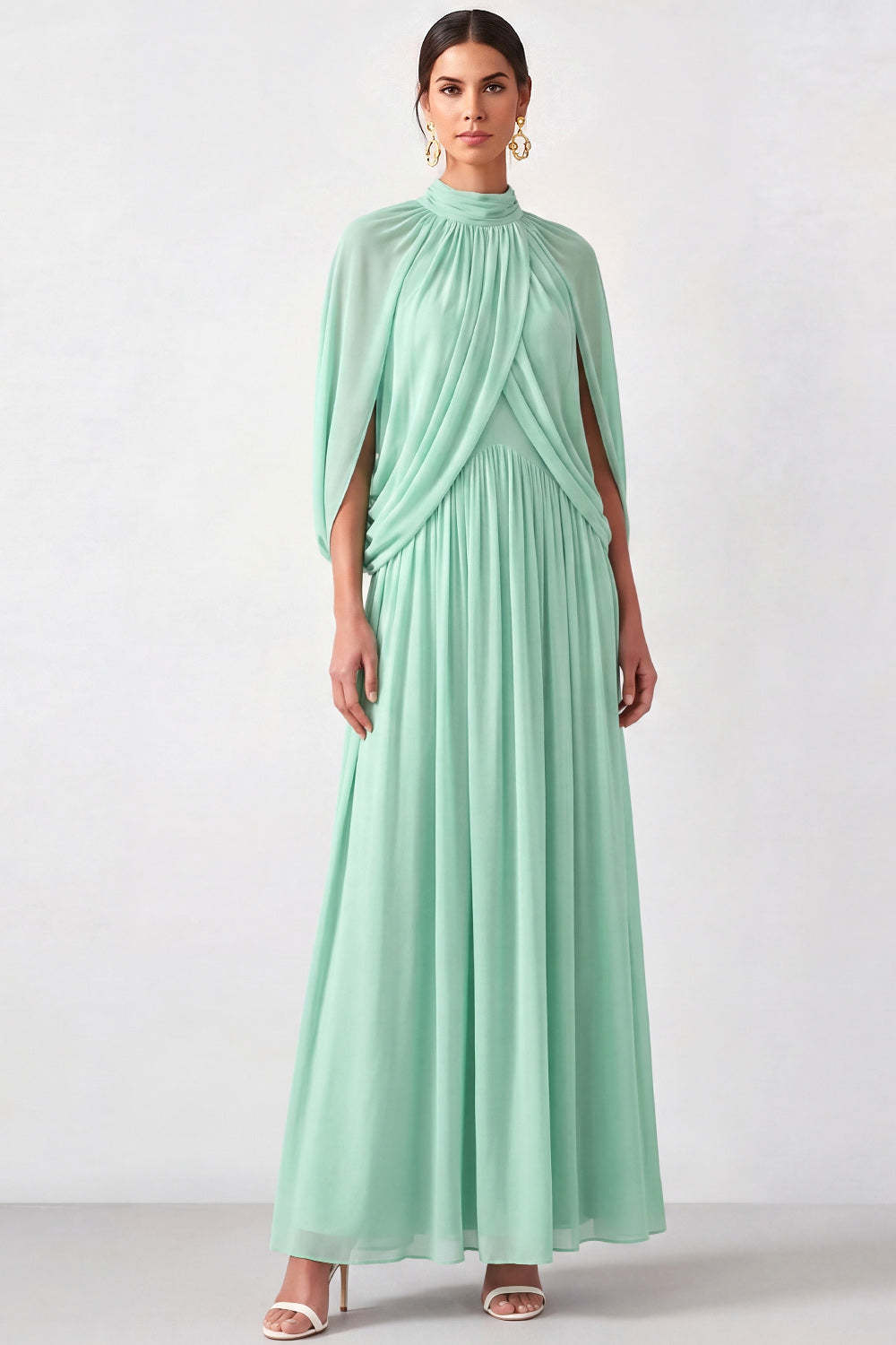 Mini Green High Neck Pleated Long Mother of the Bride Dress