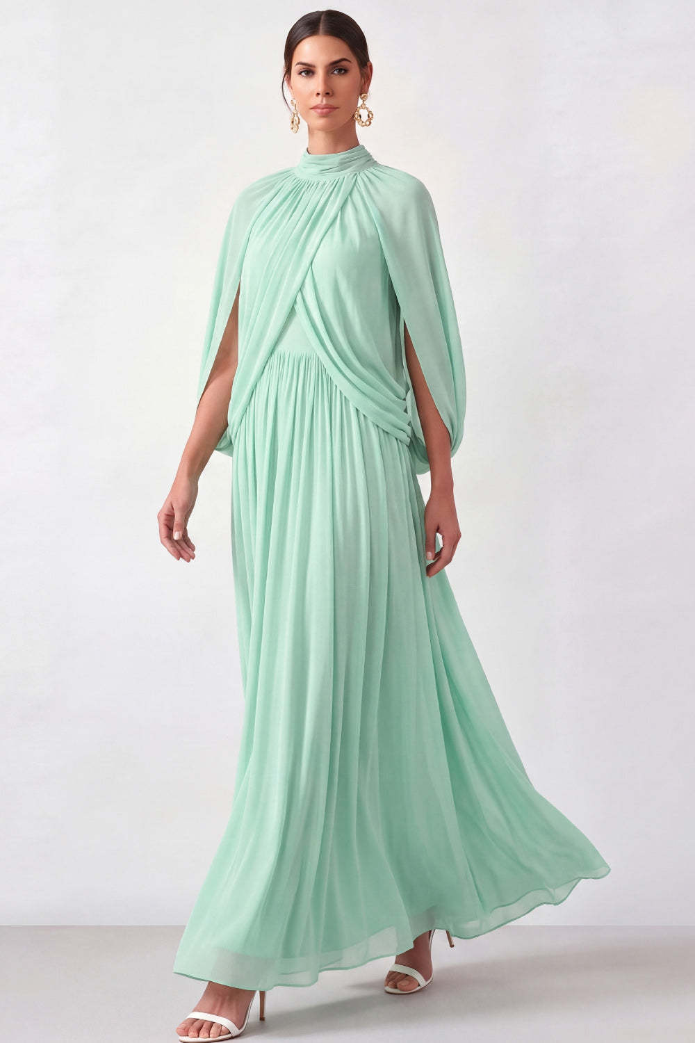 Mini Green High Neck Pleated Long Mother of the Bride Dress