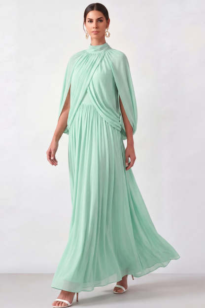 Mini Green High Neck Pleated Long Mother of the Bride Dress