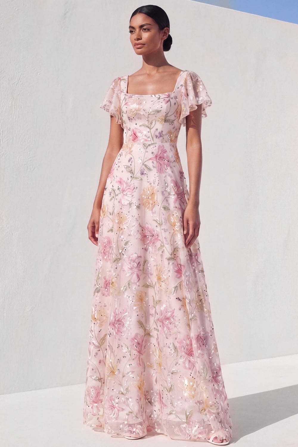 Leely Women Pink Floral Sequined A Line Long Prom Dress Short Sleeves Square Neck Gala Dress