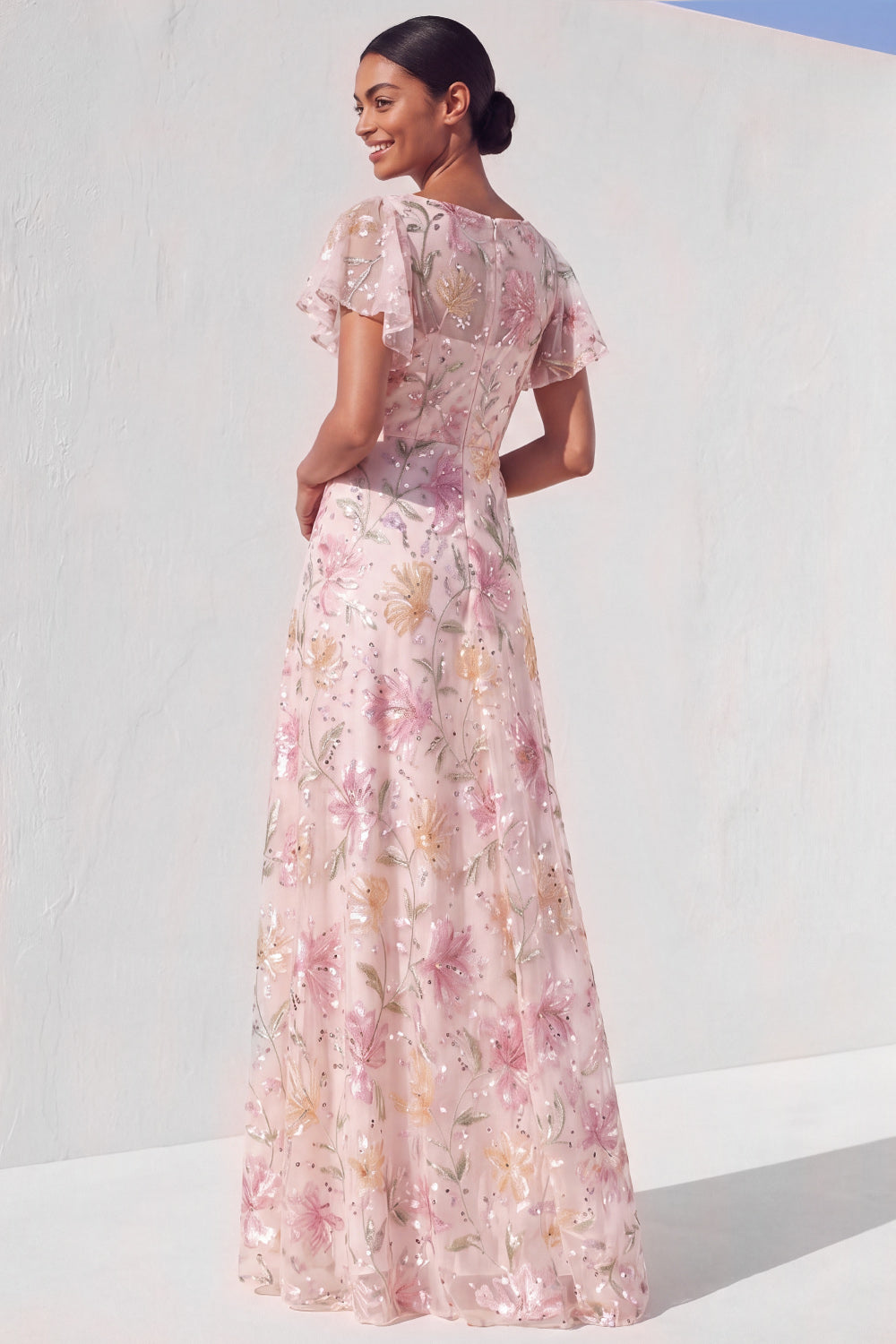 Pink Sequined Floral A Line Long Prom Dress with Sleeves